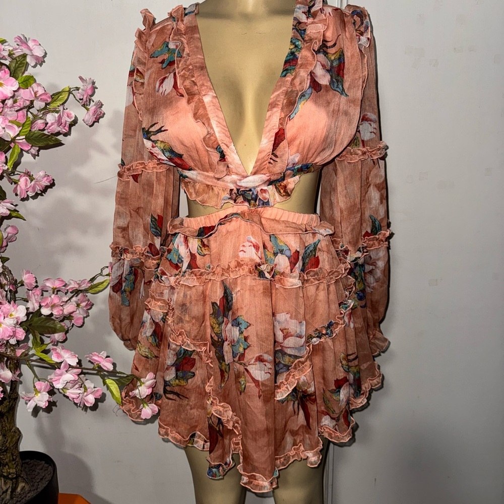 Luxxel Floral Ruffle Dress in Peach and Multicolor - Picture 2 of 8